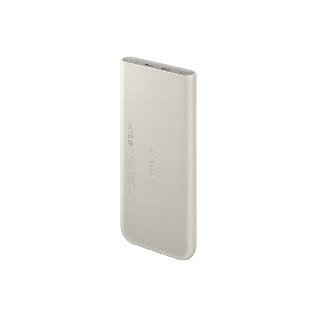 Power bank Samsung EB-P3400XUEGEU 10000 mAh beige, diseño delgado con bordes redondeados, carcasa mate y dos puertos USB-C en el borde superior