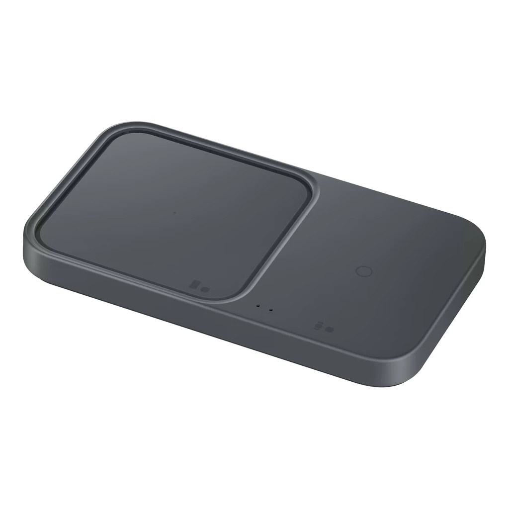 Samsung Super Fast Wireless Charger Duo 15W en gris oscuro con dos superficies de carga Qi, luces LED de estado y diseño compacto de bordes redondeados