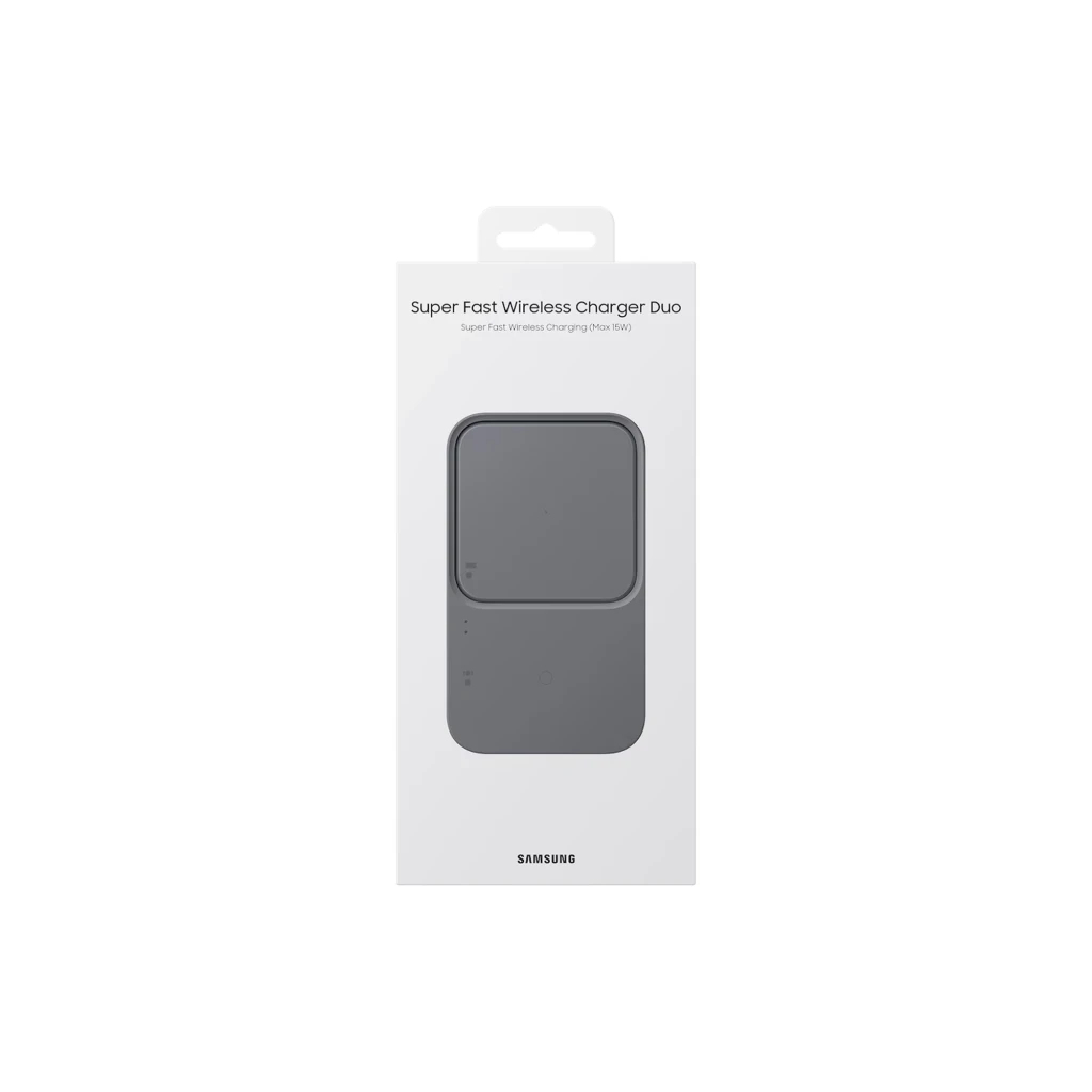 Samsung Super Fast Wireless Charger Duo 15W gris oscuro, base doble compacta con dos zonas de carga Qi, indicadores LED y diseño minimalista rectangular