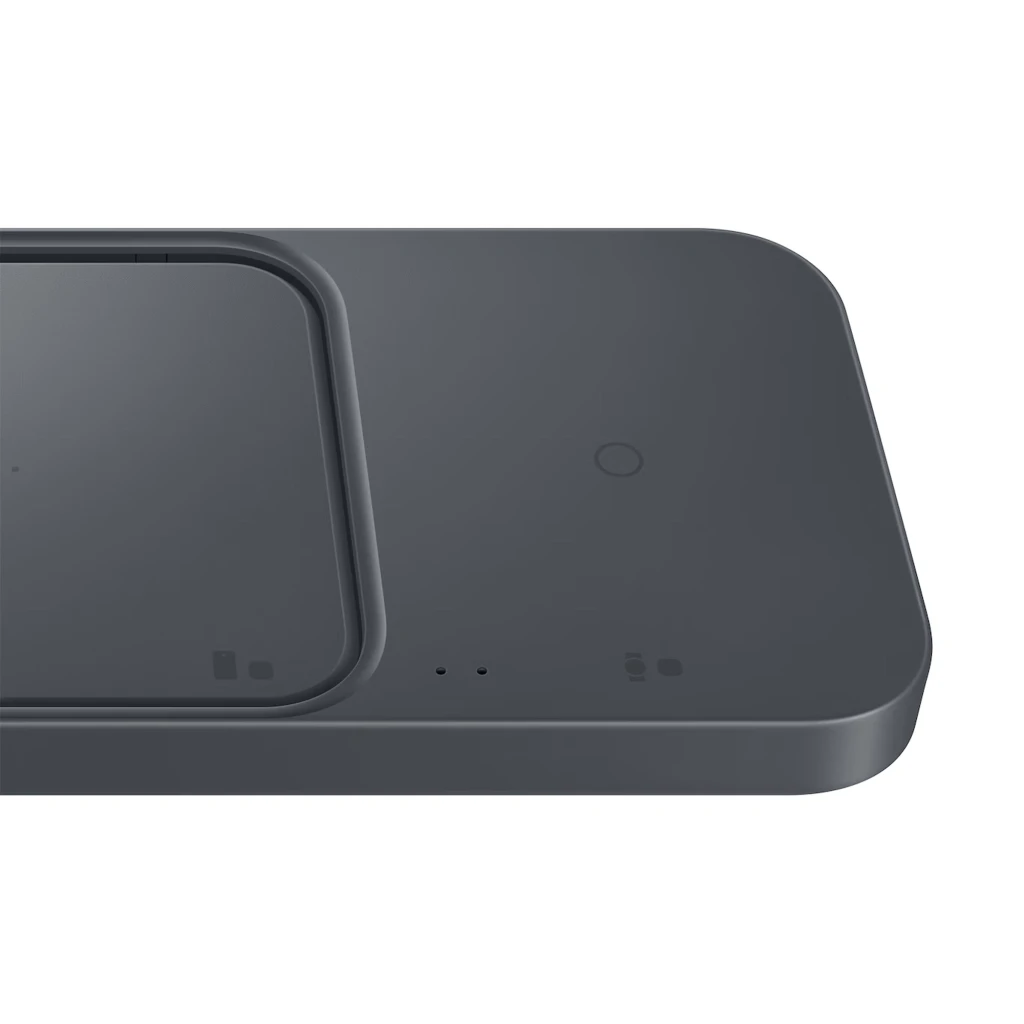 Base de carga inalámbrica doble 15W en gris oscuro, diseño minimalista con dos superficies, indicadores LED y bordes redondeados para smartphone y smartwatch