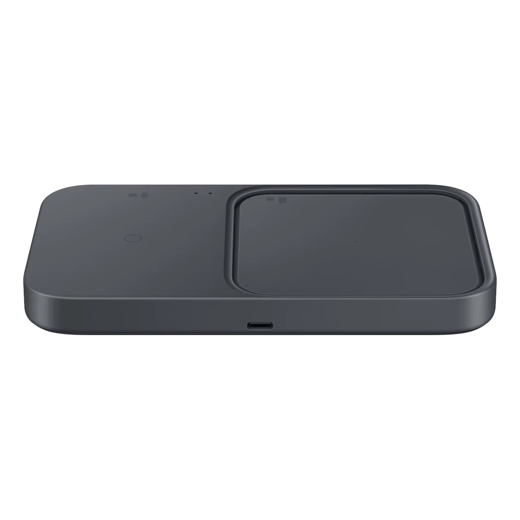 Samsung Super Fast Wireless Charger Duo 15W en gris oscuro con dos zonas de carga Qi, base plana con bandeja elevada y puerto USB-C frontal