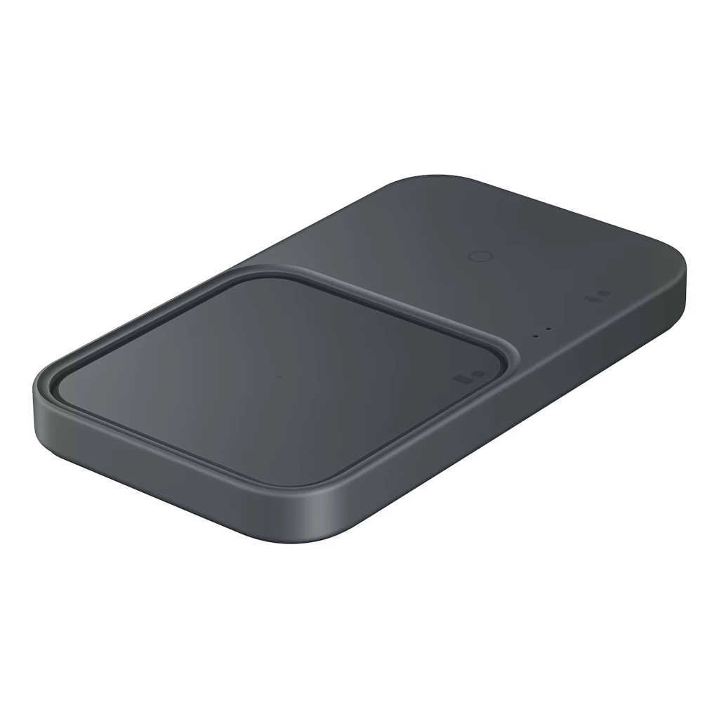 Samsung Super Fast Wireless Charger Duo 15W en gris oscuro, base doble compacta con superficie antideslizante, indicadores LED y bordes redondeados
