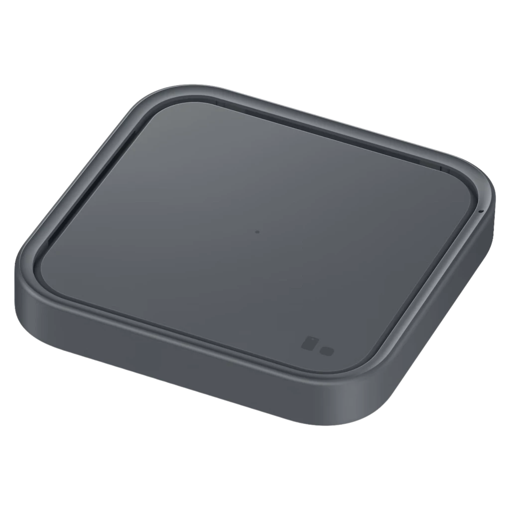Samsung Super Fast Wireless Charger Qi 15 W en gris oscuro, base cuadrada compacta con bordes redondeados y luz LED indicadora, superficie antideslizante