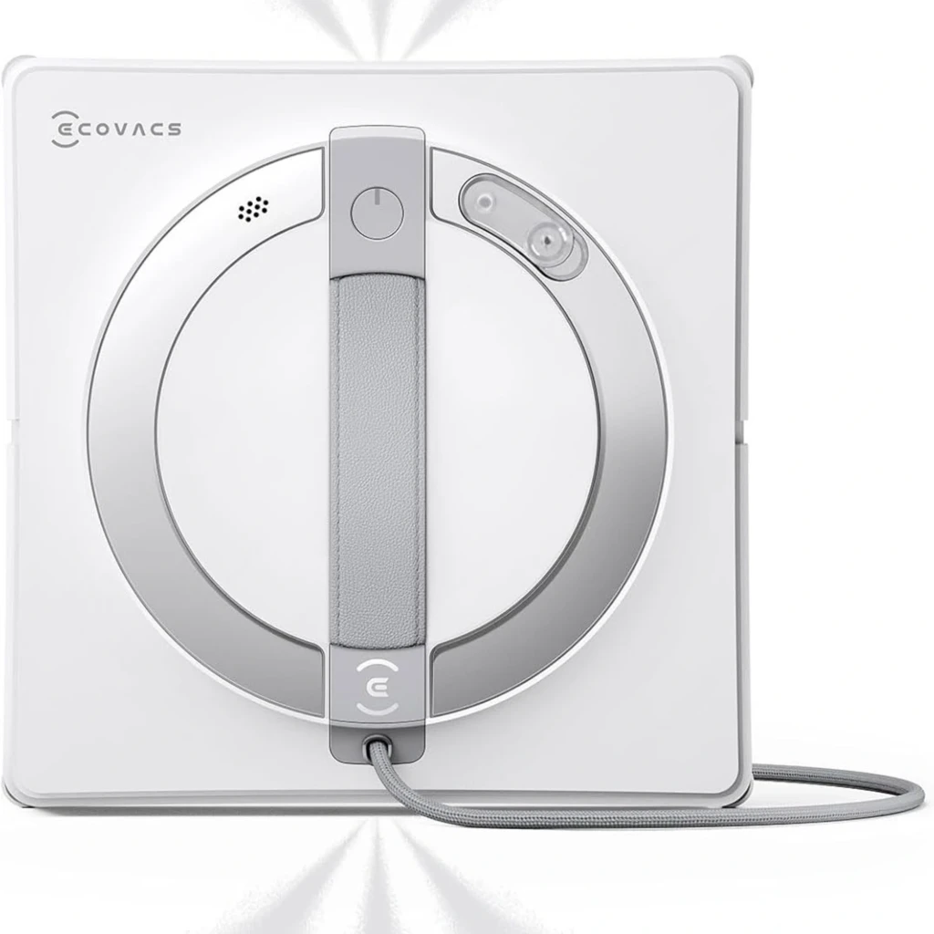 Ecovacs Winbot W2 Pro Omni robot limpiacristales blanco cuadrado con asa central gris, triple boquilla visible y cable lateral, diseño minimalista elegante