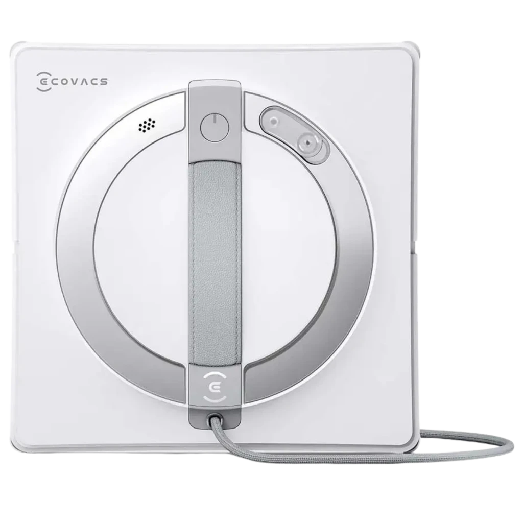 Robot limpiacristales cuadrado blanco con aro central gris, asa texturizada, botones superiores y cable frontal; diseño minimalista Ecovacs Winbot W2 Pro Omni