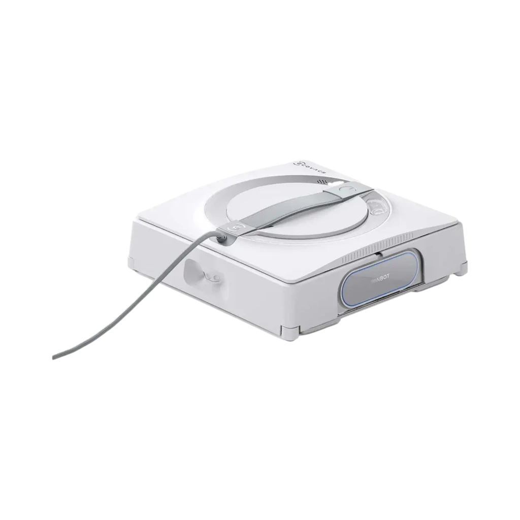 Ecovacs Winbot W2 Pro Omni blanco, cuerpo cuadrado con asa superior, manguera lateral y panel frontal con botón Winbot; diseño compacto y minimalista