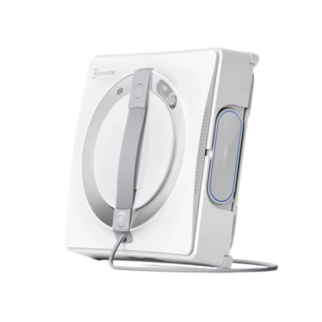 Ecovacs Winbot W2 Pro Omni en color blanco, cuerpo cuadrado con borde redondeado, asa frontal gris, cable de alimentación y módulo lateral azul con logo