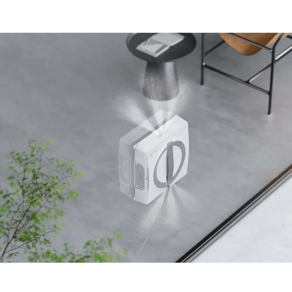 Ecovacs Winbot W2 Pro Omni limpiacristales cuadrado blanco con triple boquilla en acción, cable de seguridad, rociado frontal y asa gris, batería 4500 mAh