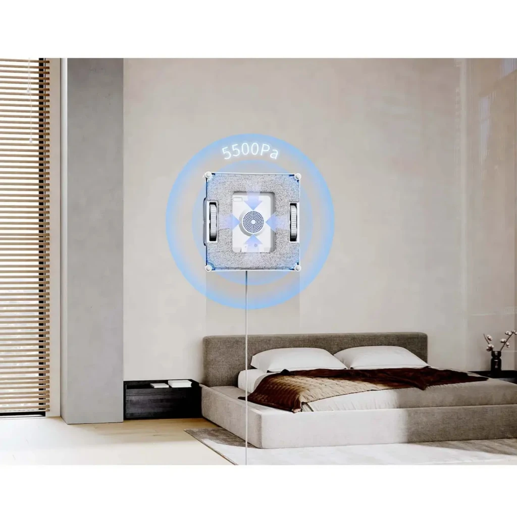 Robot limpiacristales cuadrado con asas laterales, boquilla central triple y cable de seguridad, adherido a ventana; potencia 5500Pa y batería 4500 mAh