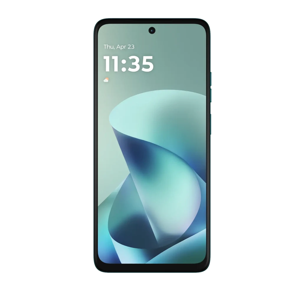 Motorola Moto G57 Power 5G en color verde con pantalla completa, biseles delgados, cámara frontal en orificio centrado y hora 11:35 mostrada en pantalla