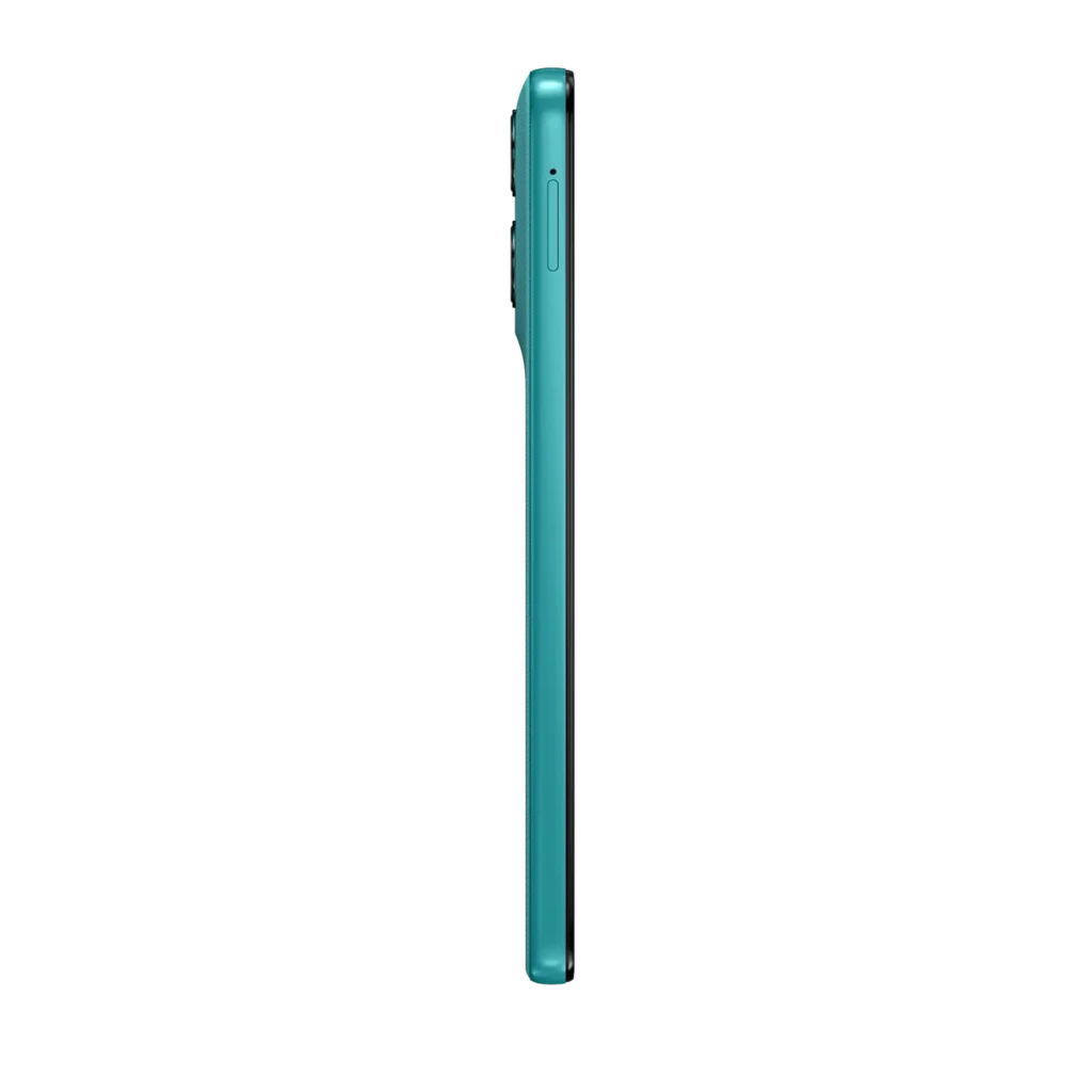 Borde lateral del Motorola Moto G57 Power 5G en color verde, perfil delgado con botón lateral y módulo de cámara trasera ligeramente sobresaliente