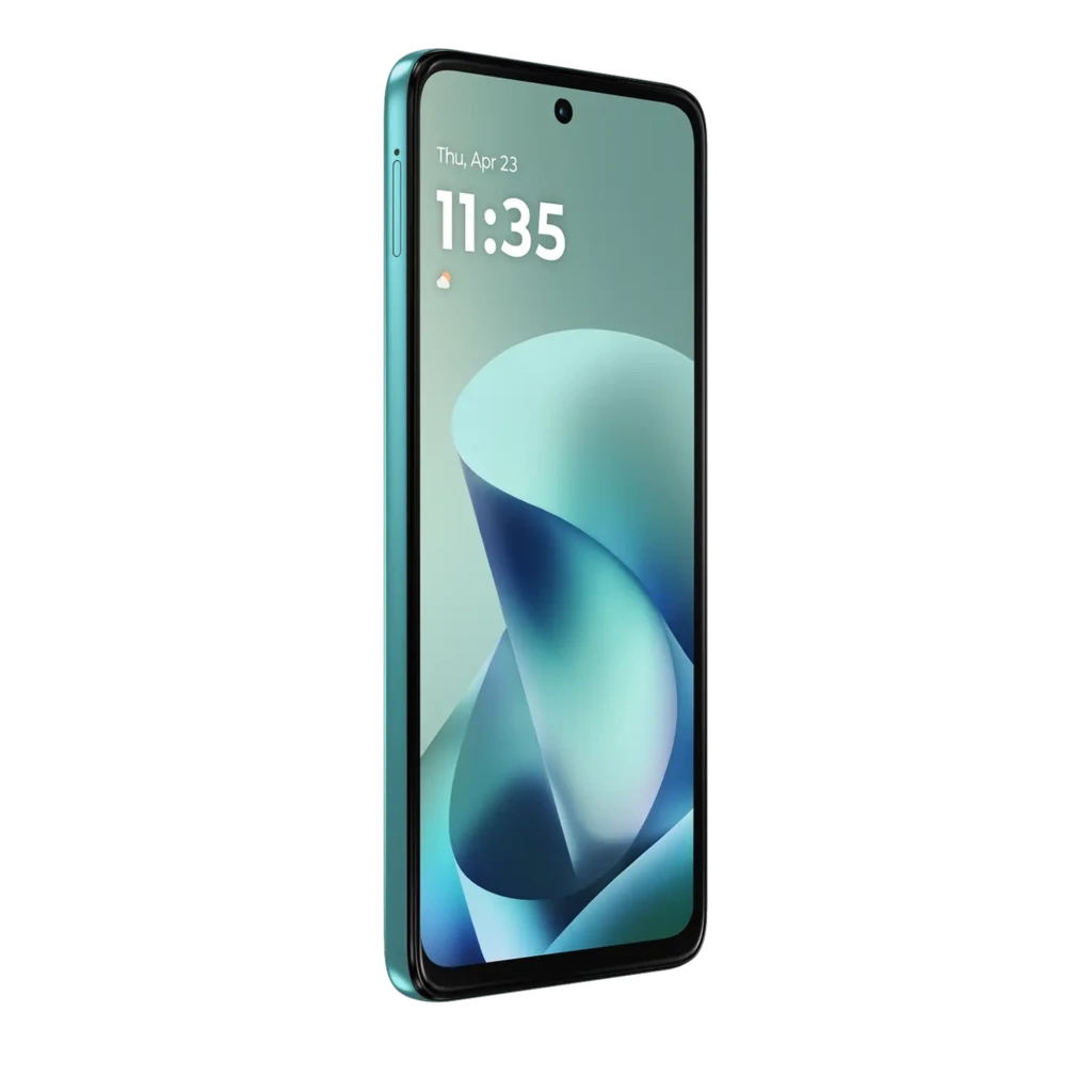 Smartphone Motorola Moto G57 Power 5G en color verde, pantalla completa con cámara frontal en orificio central, bordes delgados y diseño curvo moderno