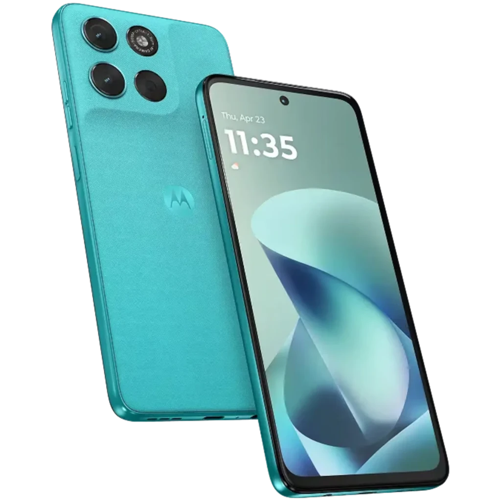 Motorola Moto G57 Power 5G azul turquesa con pantalla perforada, triple cámara trasera grande, bordes planos y acabado mate brillante