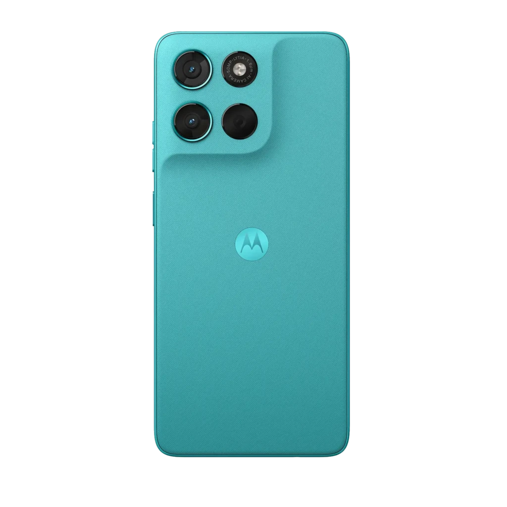Motorola Moto G57 Power 5G color turquesa con módulo trasero elevado y triple cámara, logo centrado y acabado mate uniforme