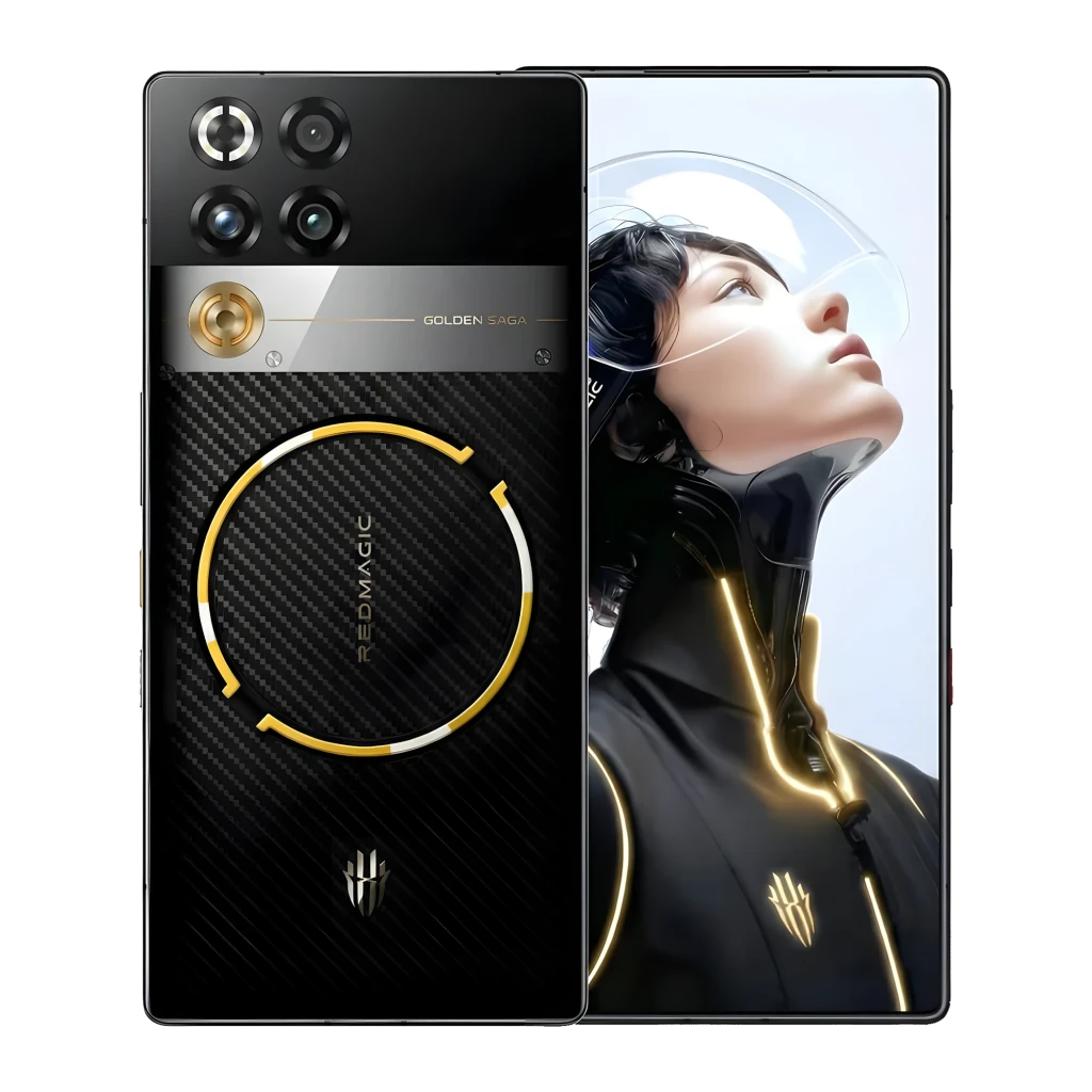 Nubia RedMagic 11 Pro 5G Golden Saga con trasera carbono negro, aro dorado RedMagic, módulo triple con aro dorado, frontal AMOLED casi sin bordes