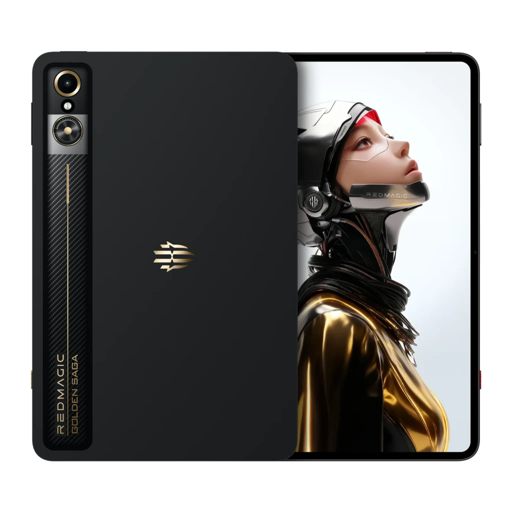 Tablet Nubia RedMagic Astra Golden Saga negra con logo dorado, módulo de cámara dual vertical y pantalla OLED 9,06 pulgadas 165Hz con arte futurista