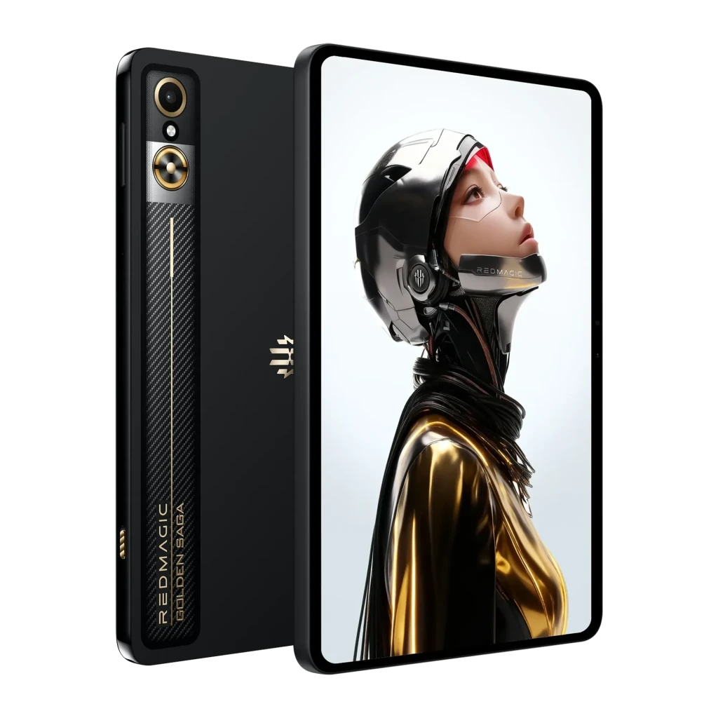 Nubia RedMagic Astra Golden Saga en negro y dorado, módulo dual con aro dorado, logo lateral, pantalla OLED 9,06 pulgadas 165Hz con arte futurista