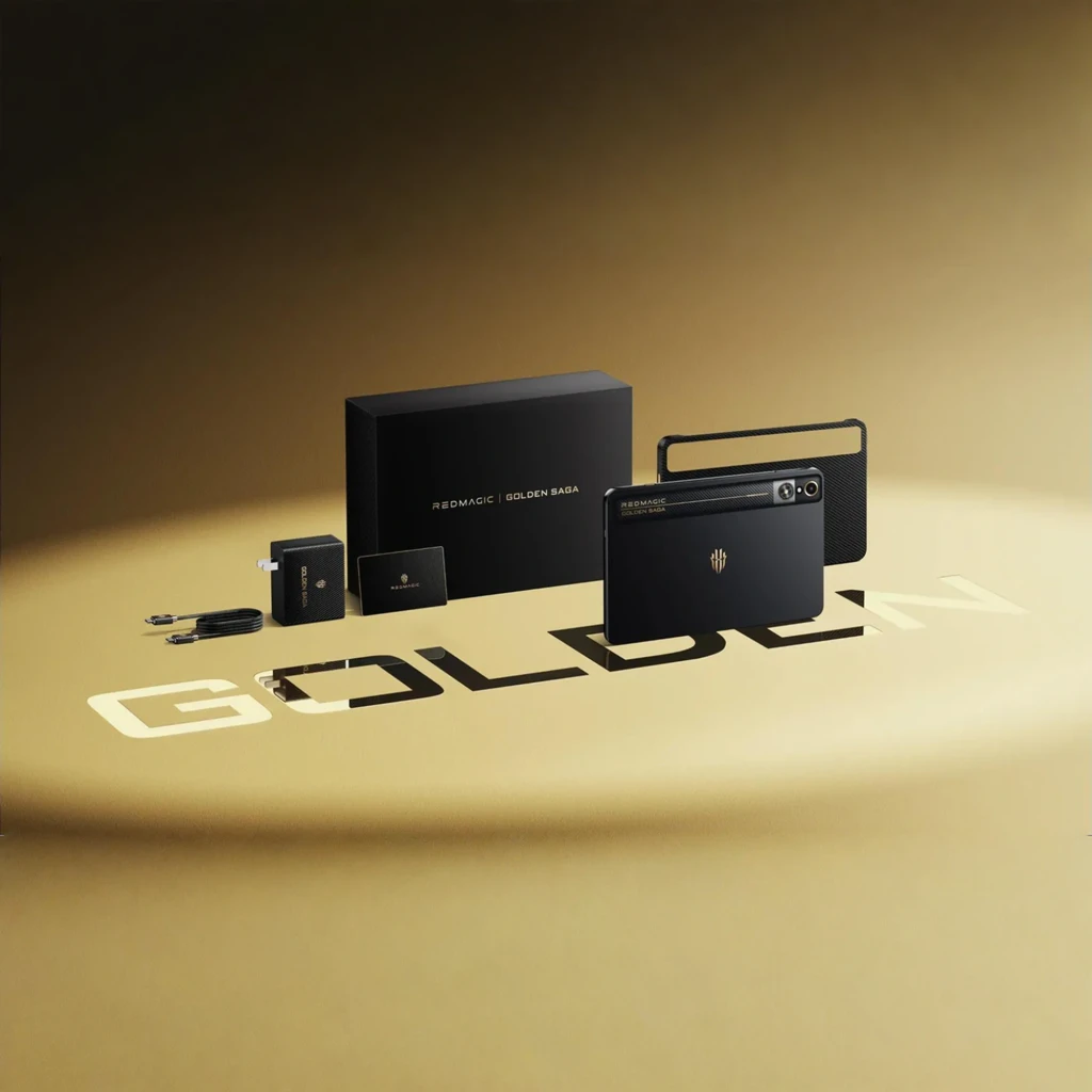 Edición Golden Saga en negro mate con logo dorado, módulo de cámara horizontal, caja premium, cargador, cable USB y funda con textura, estilo gaming elegante