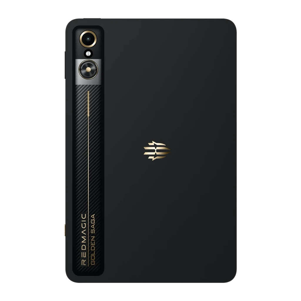 Tablet Nubia RedMagic Astra Golden Saga negra con franja lateral en fibra de carbono, acentos dorados, logo central dorado y doble cámara trasera vertical
