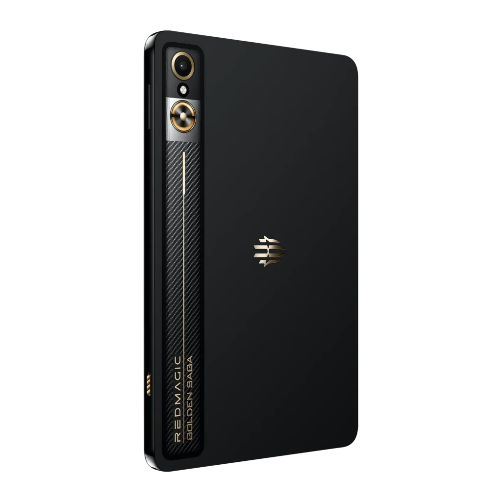 Nubia RedMagic Astra Golden Saga en negro mate con detalles dorados, módulo dual vertical y franja lateral texturizada con logotipo central dorado