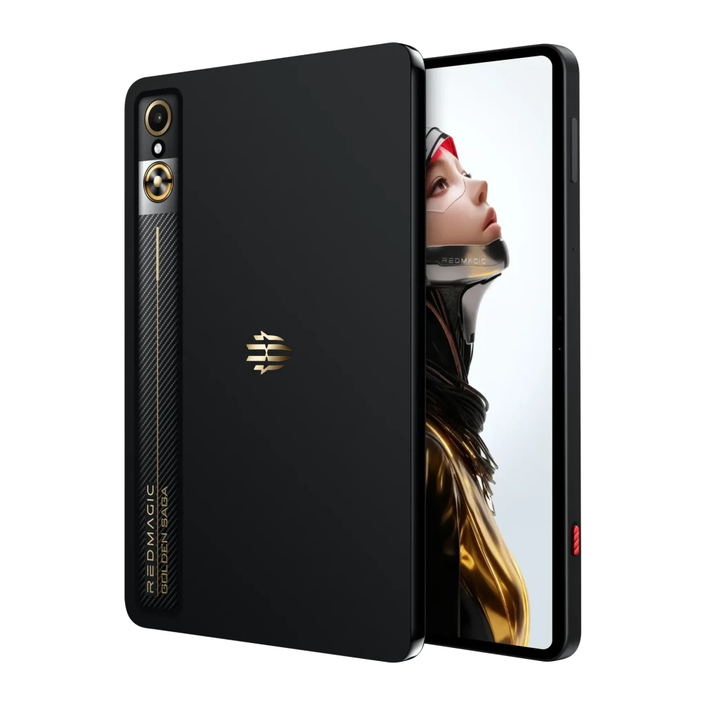 Tableta Nubia RedMagic Astra Golden Saga, cuerpo negro mate con franja lateral carbono, logo dorado, cámara trasera única y pantalla OLED 9,06" 165Hz