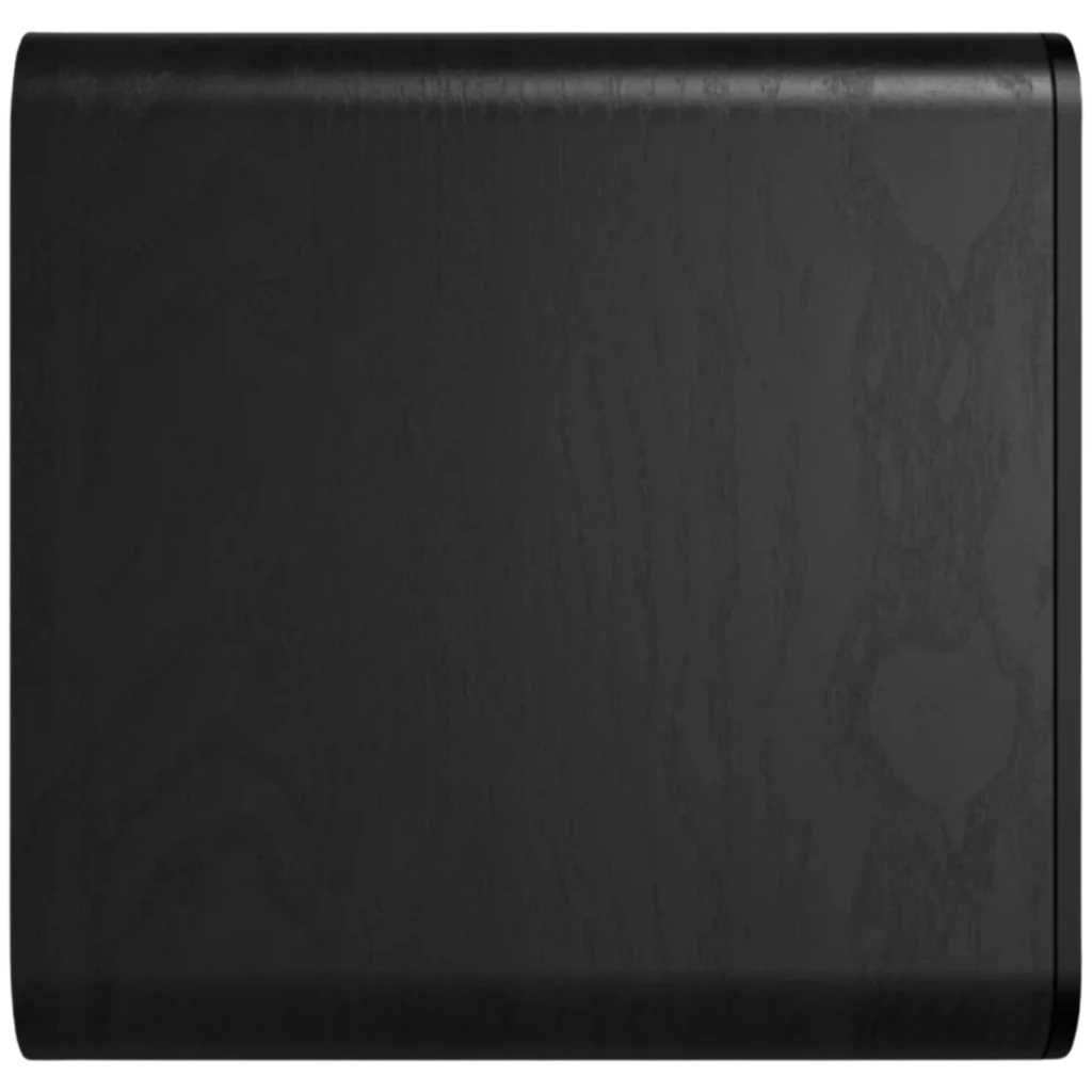 Klipsch Flexus Sub 100 80 W en acabado negro con textura de madera, panel lateral liso y bordes redondeados, diseño minimalista y robusto para subwoofer