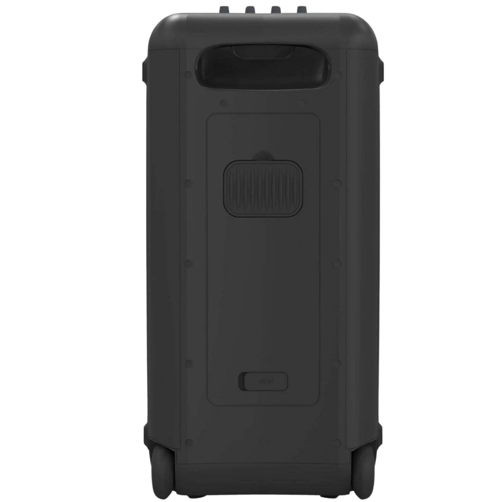 Panel trasero de altavoz Klipsch Miami Bluetooth: acabado negro mate, asa superior, ruedas inferiores, puerto central sellado, botones superiores, 18 h, IPX4