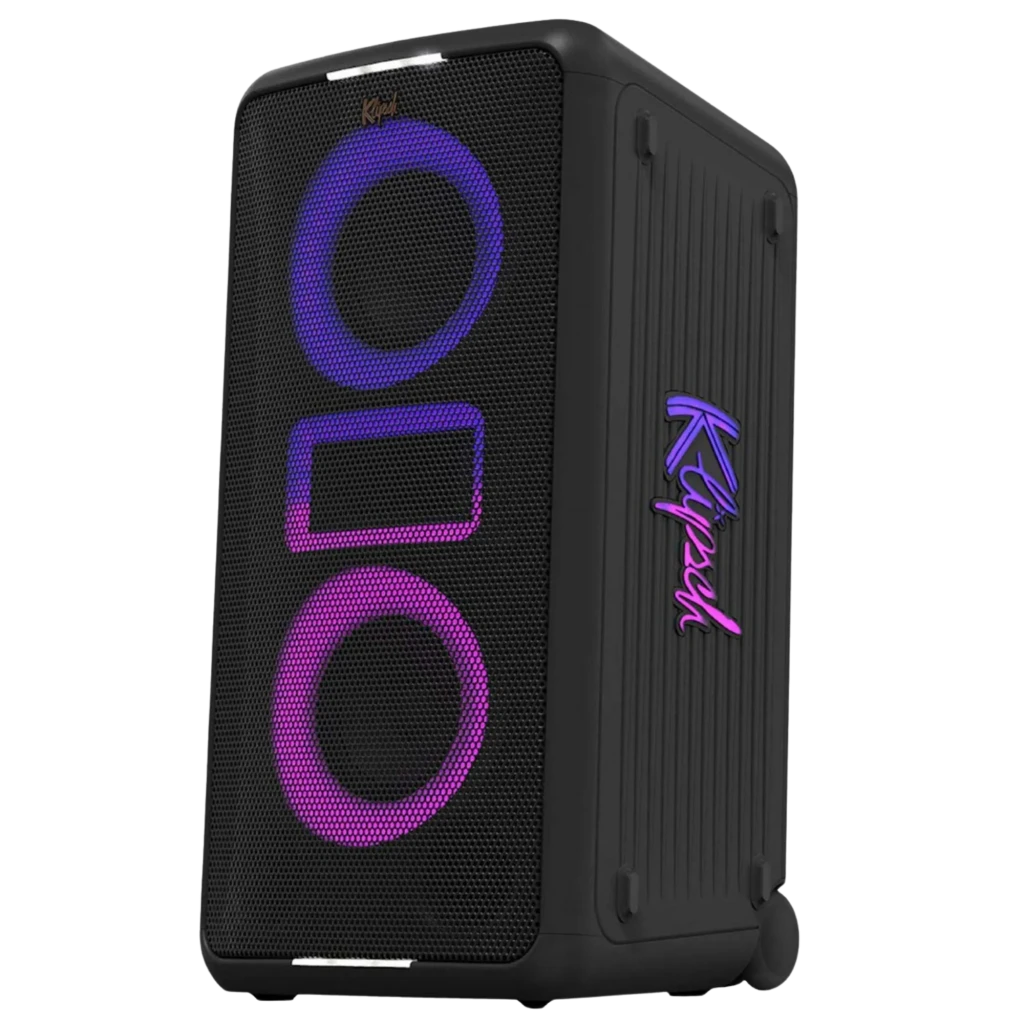 Klipsch Miami Bluetooth 18 h IPX4 altavoz portátil vertical negro con panel de malla y luces LED circulares y rectangulares en degradado morado y azul