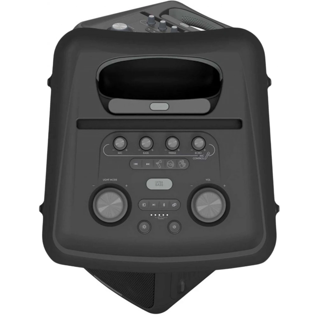 Klipsch Miami Bluetooth 18 h IPX4 con panel superior negro: perilla central grande, dos diales de volumen, botones LED, puerto USB y asa integrada