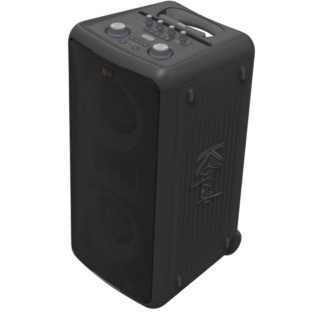 Altavoz portátil Klipsch Miami Bluetooth, diseño negro robusto con rejilla frontal, controles superiores, asa integrada y ruedas; 18 h de batería, IPX4