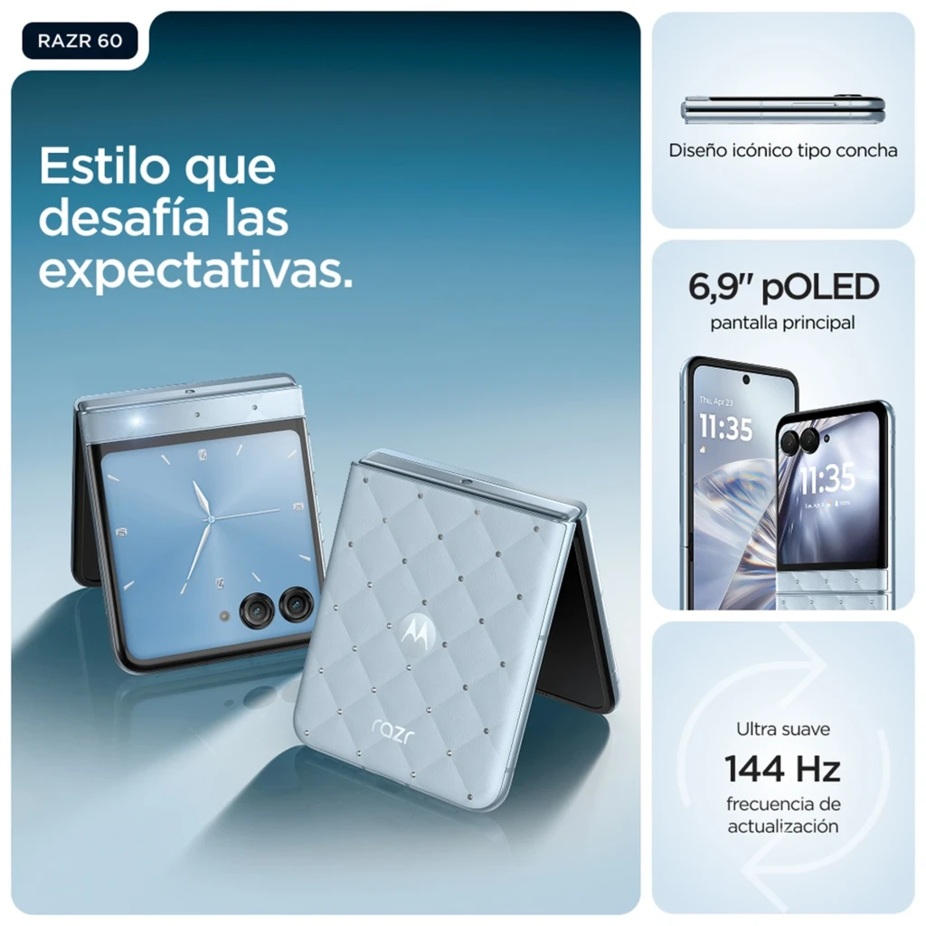 Smartphone plegable Motorola Razr 60 5G Swarovski Edition en azul con tapa acolchada, doble cámara trasera, pantalla pOLED 6.9 y refresco de 144 Hz