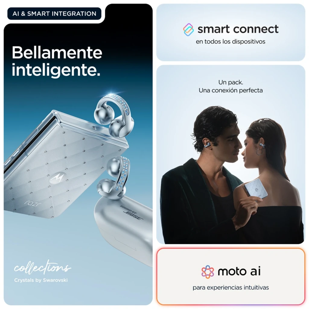 Motorola Razr 60 5G Swarovski Edition plateado con cristales, diseño plegable 6.9 pulgadas, incluye moto buds loop plateados a juego y conectividad smart