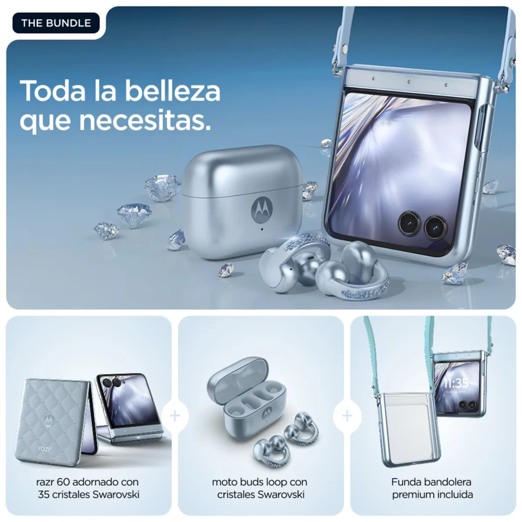 Motorola Razr 60 5G Swarovski Edition en azul hielo con 35 cristales, pantalla 6.9 plegable, moto buds loop a juego y funda bandolera premium transparente