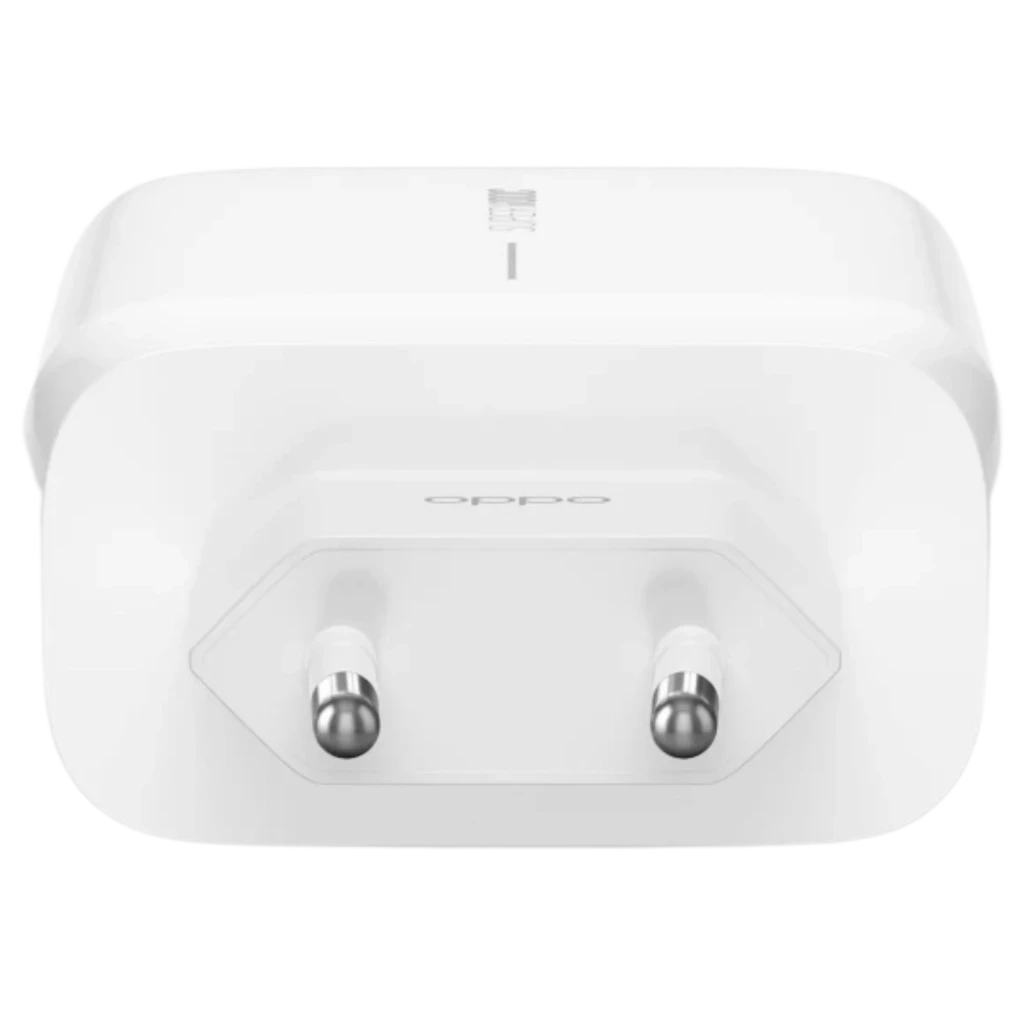 Cargador OnePlus SUPERVOOC de 65 W USB-A blanco, compacto y rectangular, con enchufe europeo de dos pines metálicos y acabado brillante con logo Oppo