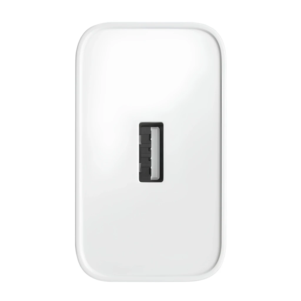 Cargador OnePlus SUPERVOOC de 65 W USB A en color blanco, cuerpo compacto con acabado brillante y puerto USB A negro centrado en el frontal