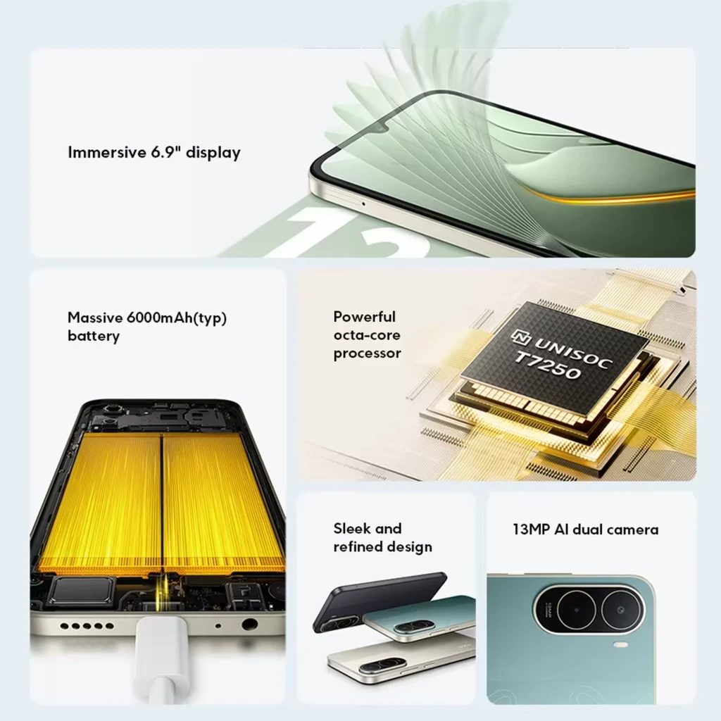 Xiaomi Poco C81 Pro 4G dorado con pantalla 6.9, batería 6000 mAh, cámara dual AI 13 MP, procesador UNISOC T7250 y diseño elegante con bordes finos