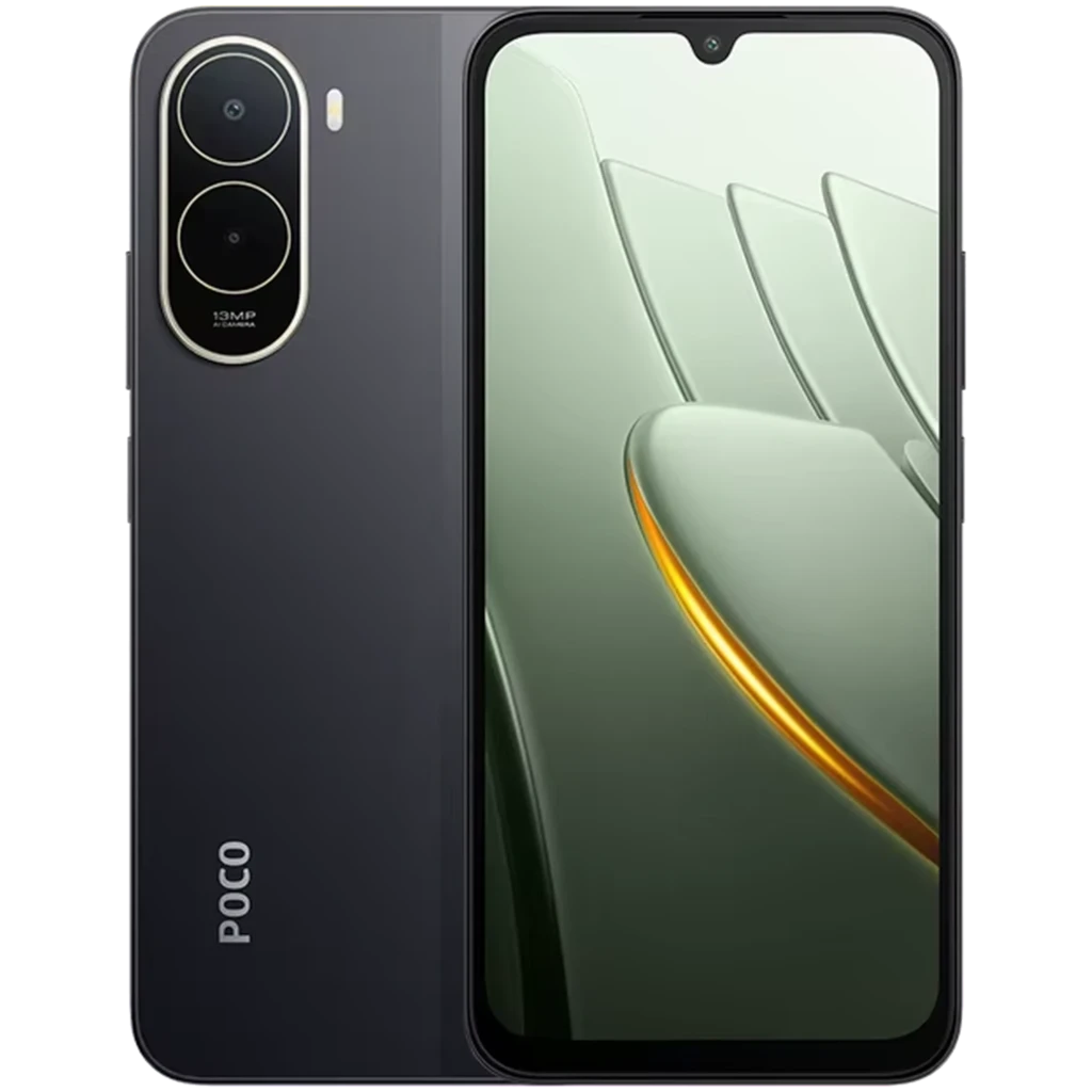 Xiaomi Poco C81 Pro 4G negro con gran pantalla notch en gota, doble cámara trasera con aro dorado 13 MP, acabado mate y batería 6000 mAh visible en diseño