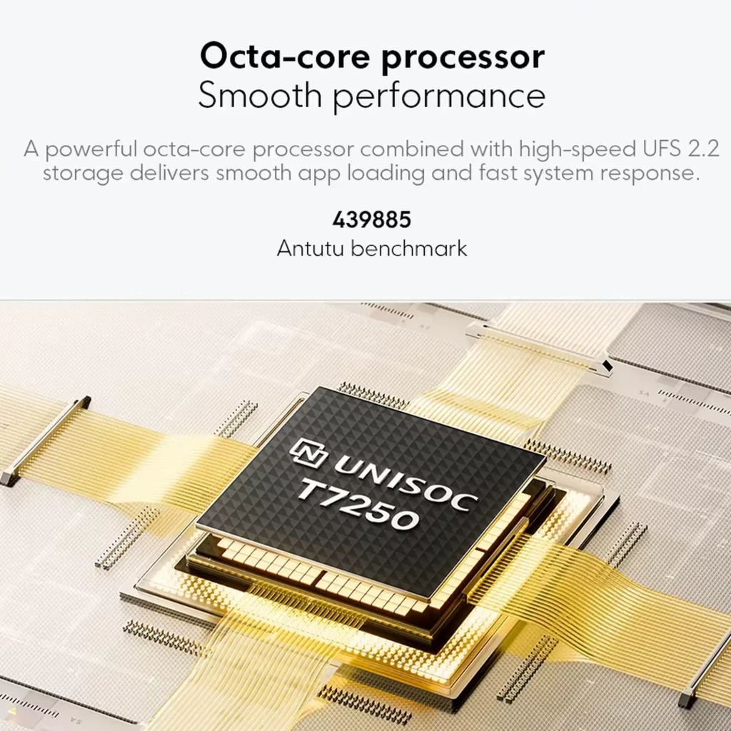 Chip UNISOC T7250 en placa con cintas doradas, destaca procesador octa core y UFS 2.2 para rendimiento fluido y respuesta rápida, 439885 en Antutu