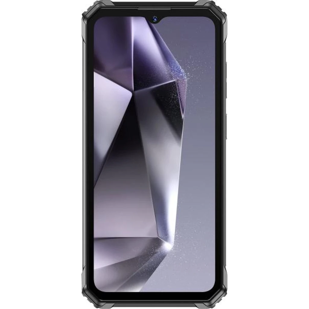 Oukitel G7 negro resistente IP68 con pantalla grande sin marcos, cámara frontal en notch, bordes reforzados y diseño geométrico brillante en pantalla