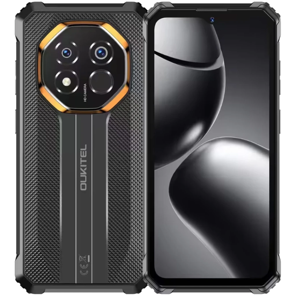 Oukitel G7 noir robuste IP68, coque texturée, triple module photo circulaire avec anneau doré, grand écran bord à bord, 256 Go, 6 Go, batterie 10 600 mAh