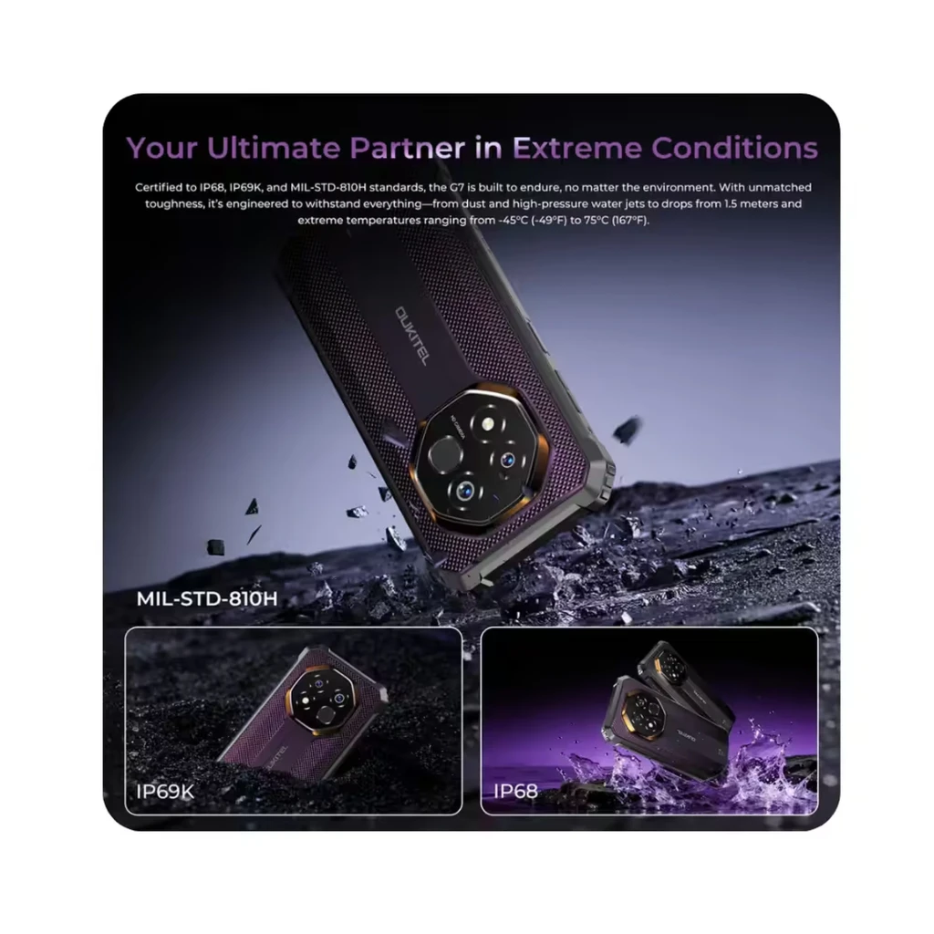 Oukitel G7 negro resistente IP68 IP69K MIL-STD-810H, carcasa robusta, cámara trasera hexagonal, pantalla amplia y batería 10600 mAh para exteriores