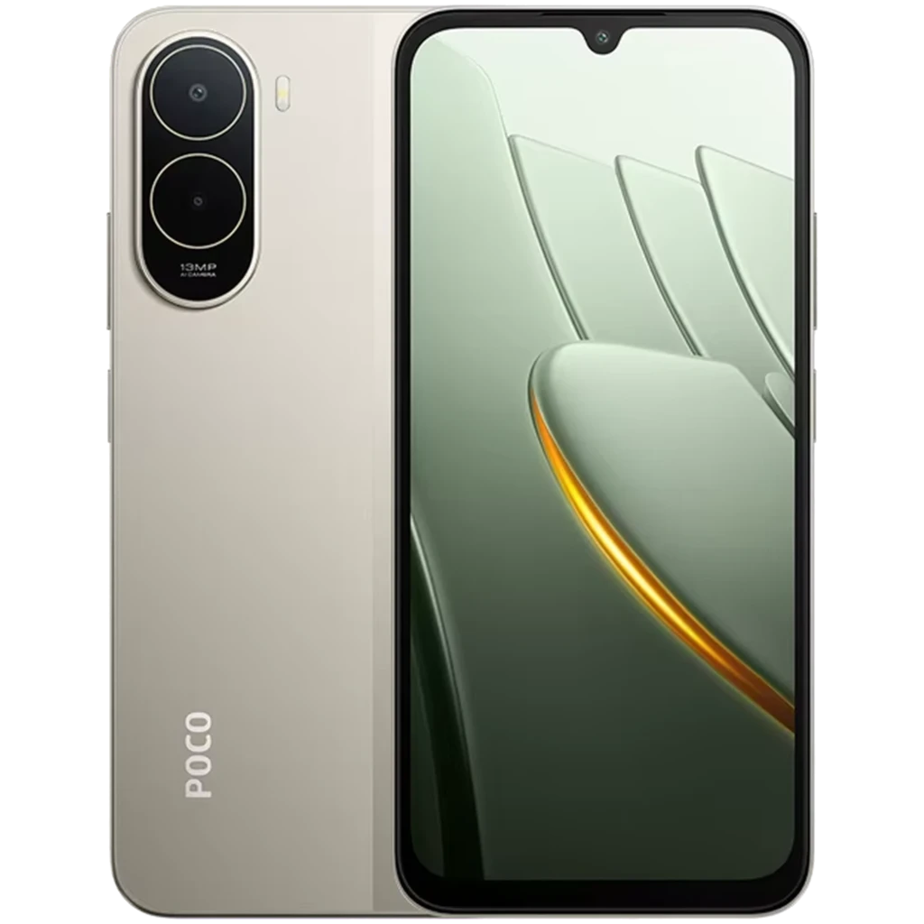 Xiaomi Poco C81 Pro dorado con pantalla amplia de borde fino, muesca en V, doble cámara trasera con anillo llamativo y logo POCO; diseño elegante y moderno