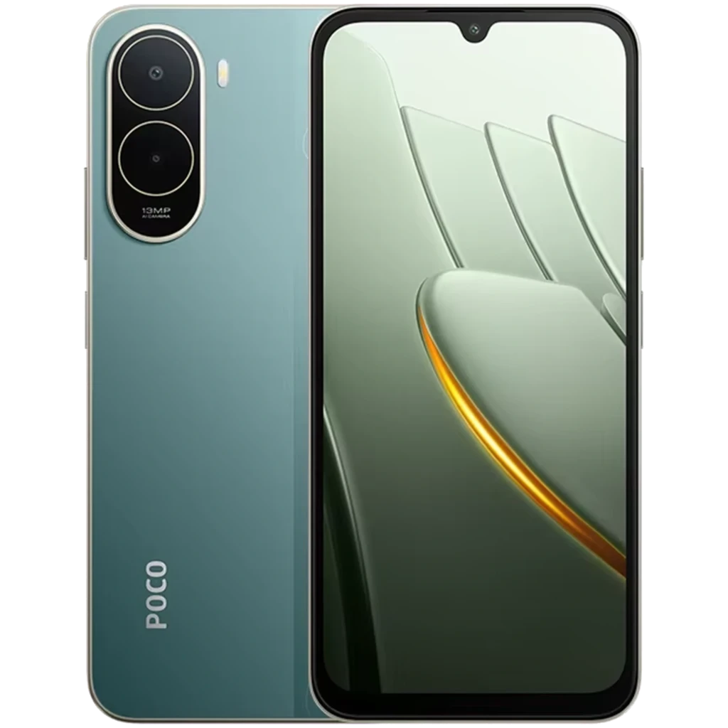 Xiaomi Poco C81 Pro 4G verde con pantalla grande de borde fino, notch en V, doble cámara trasera con anillo dorado y módulo 13 MP, diseño elegante y
