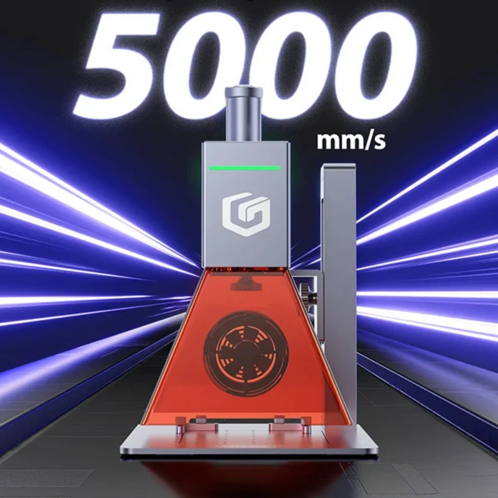 Grabador láser portátil Longer Nano 6W con módulo galvo 5000 mm/s, carcasa gris, ventana protectora roja y luz LED de estado; precisión 0.01 mm