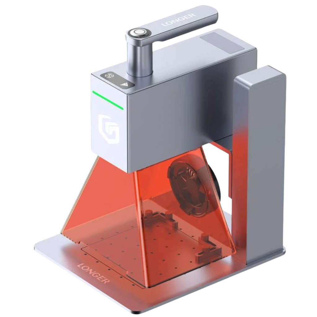 Grabador láser portátil Longer Nano 6W con módulo galvo 5000 mm/s, carcasa gris y cubierta protectora naranja, mesa perforada y asa superior