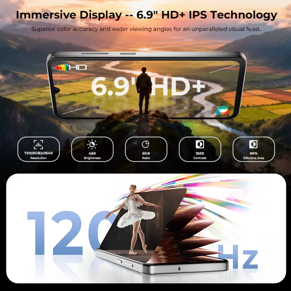 Hotwav X100GT 4G 256 GB Negro con pantalla 6.9 HD+ IPS, 120 Hz, marcos delgados, alto contraste y gran área útil; batería 5160 mAh y 8 GB RAM