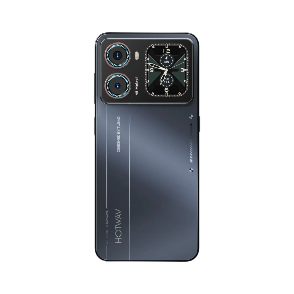 Hotwav X100GT 4G negro con módulo trasero dual grande, aros azules, pantalla secundaria tipo reloj, cuerpo mate gris oscuro y líneas decorativas tech