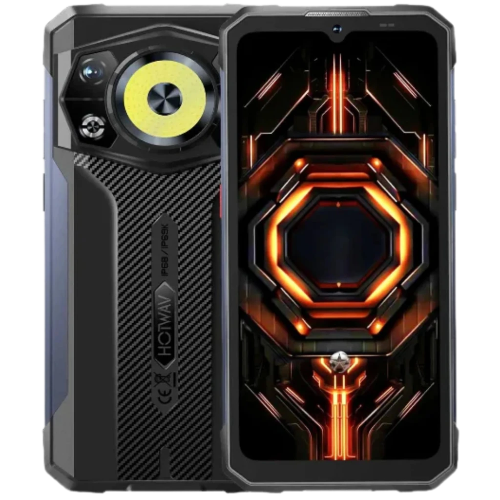 Hotwav Cyber 17 4G negro con diseño rugerizado, módulo de cámara grande con aro LED, trasera con textura de carbono y pantalla con gráficos naranjas