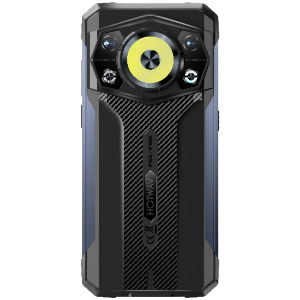Hotwav Cyber 17 4G negro con diseño robusto, tapa trasera texturizada, gran aro LED central, cámara múltiple y bordes reforzados con estilo industrial