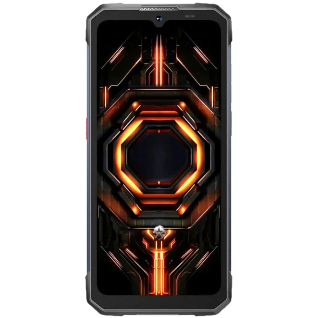 Hotwav Cyber 17 4G 128 GB Negro 6 GB NFC con pantalla frontal y biseles robustos, diseño industrial resistente y gráfico hexagonal naranja brillante en el